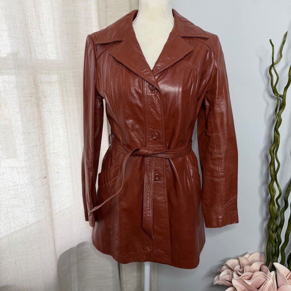 70s Vintage Leather Trench Coat Belted Faux Fur Lined Brown Women's Size‎ Small